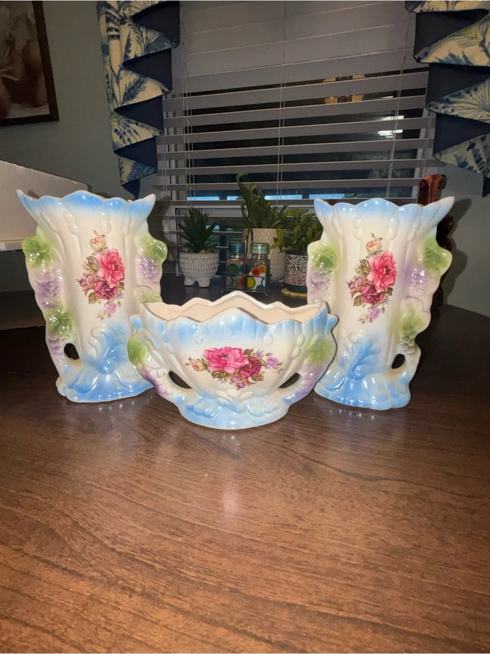 Vintage Floral Ceramic Vase and Bowl Set - Blue, Pink & Green